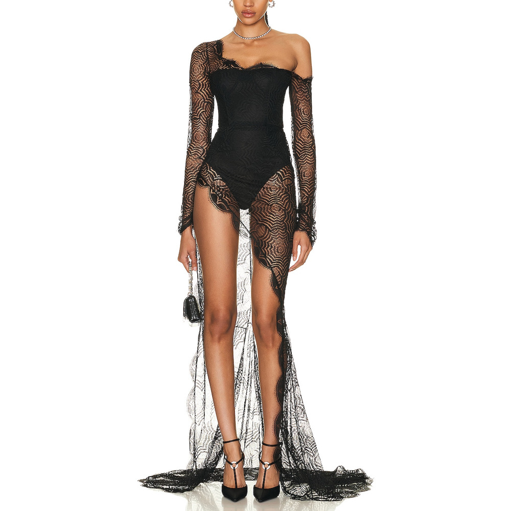 Alessandra Rich Web Lace Asymmetric Gown